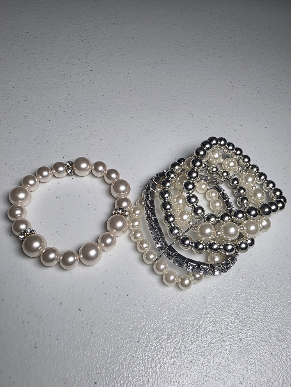 Faux Pearl and Silver Beaded Stretch Bracelet Set
